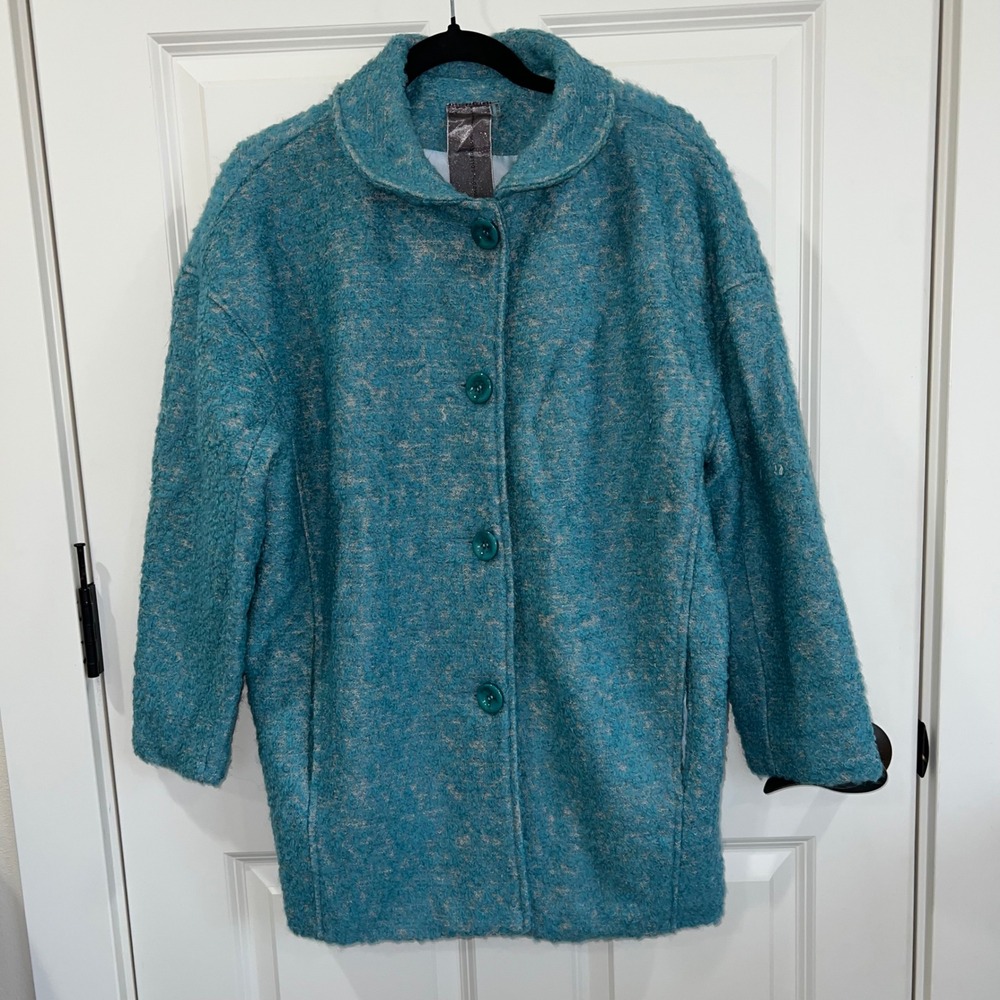 Moon Collection Retro Style Wool Blend Button Down Coat Turquoise Beige‎ Medium
